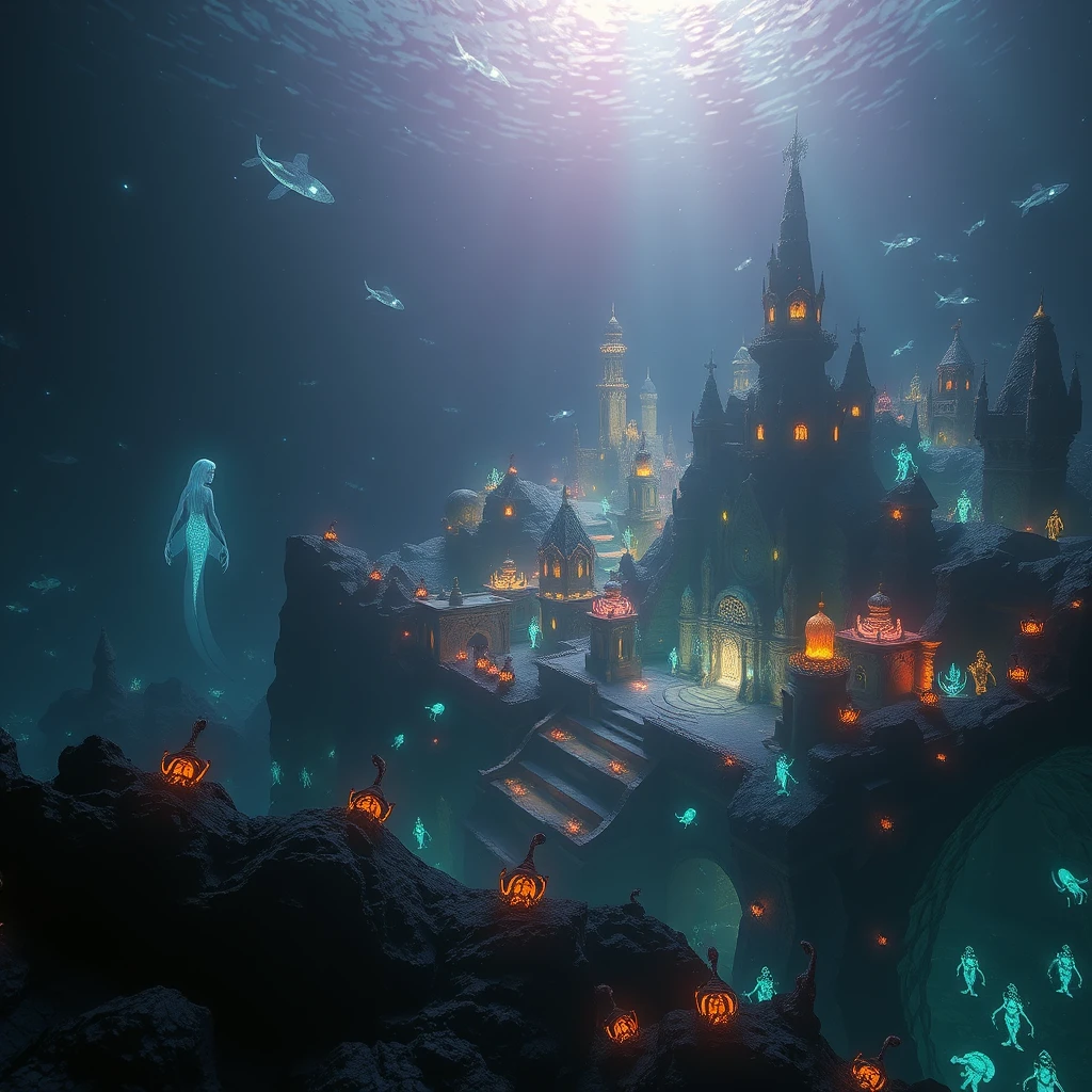 Phosphorescent Mermaid Above A Glowing Underwater Abyssal City