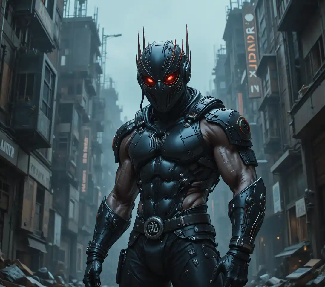 Cyberpunk-Skelettkrieger mit Stachelhelm – Porträt in Nahaufnahme