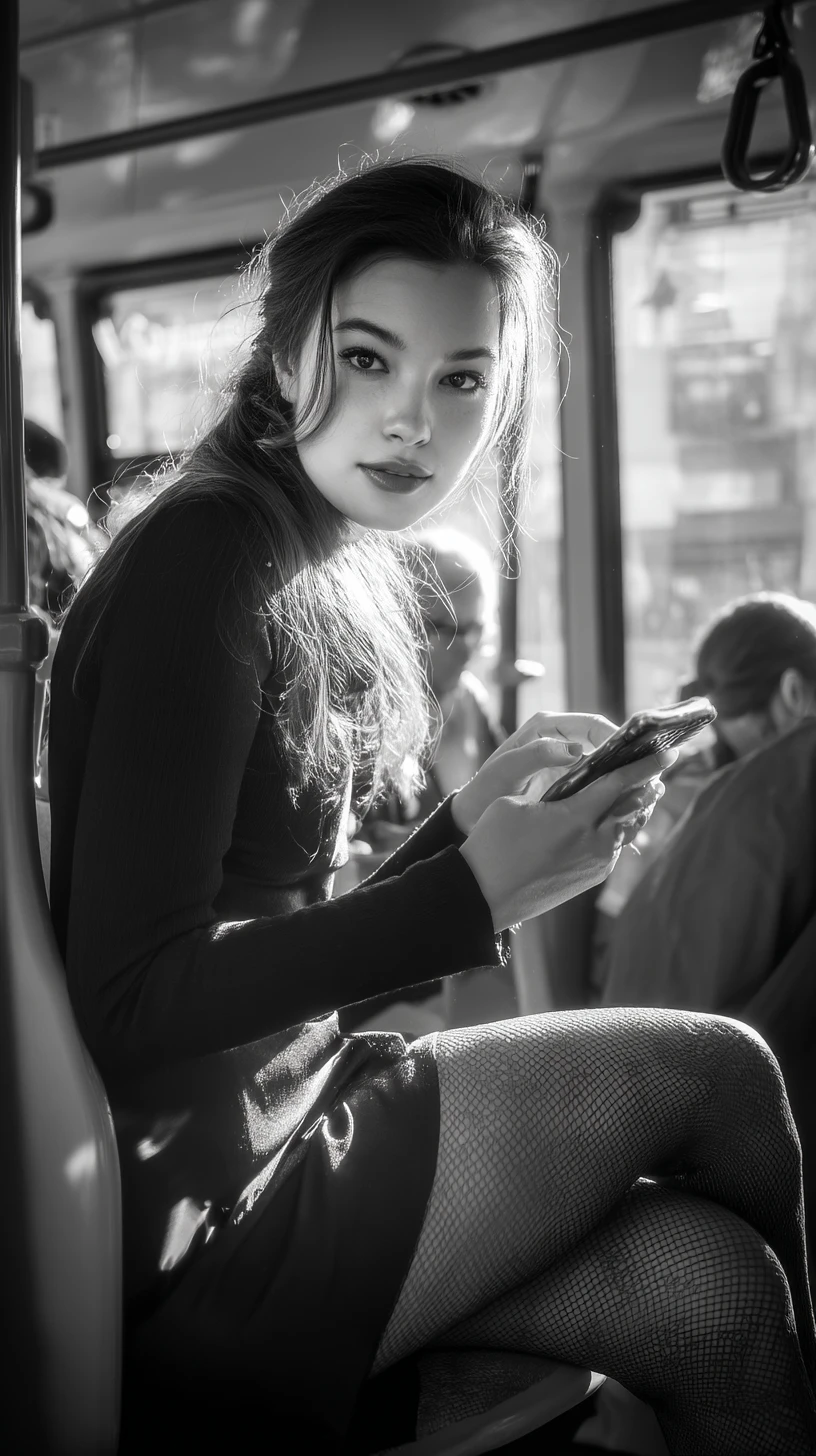 Donna asiatica su un autobus del mattino immersa in una luce solare soffice