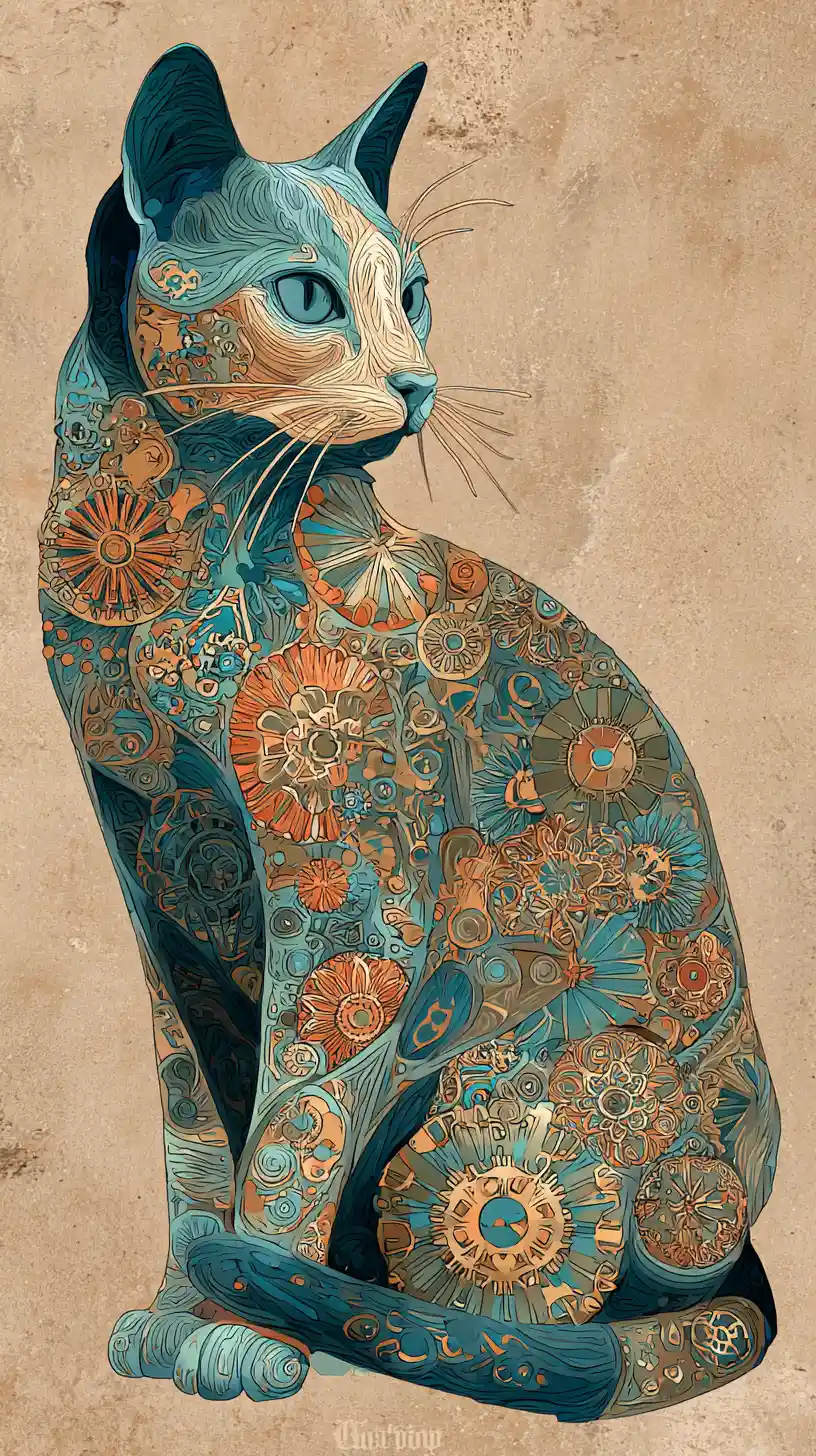 Slender cat in ornate mosaic steampunk art nouveau style
