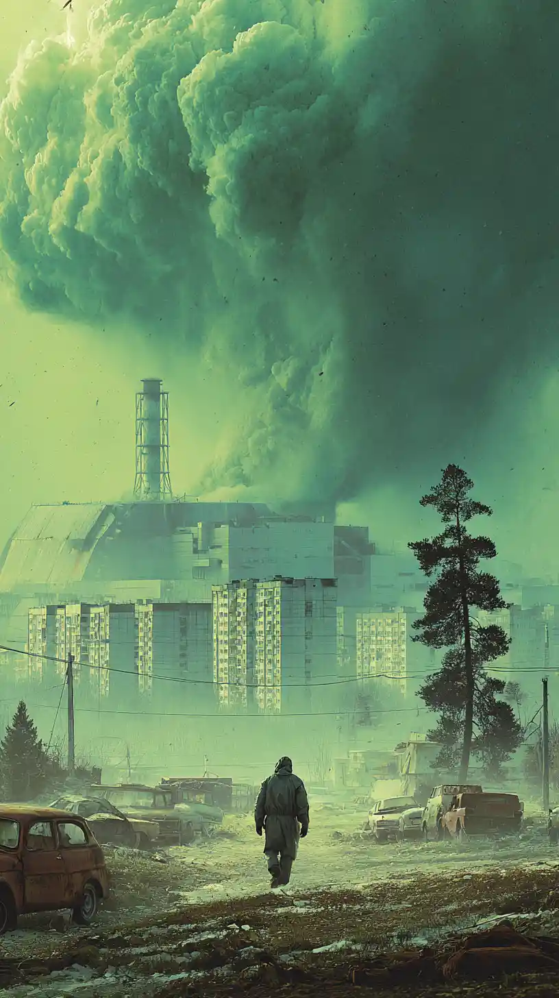 Tenebrosas ruinas del reactor de Chernóbil con una solitaria figura con traje hazmat