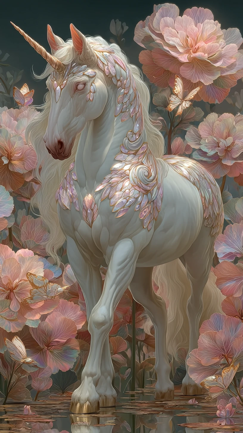 Unicorno da sogno in un prato fantasy luminoso con farfalle