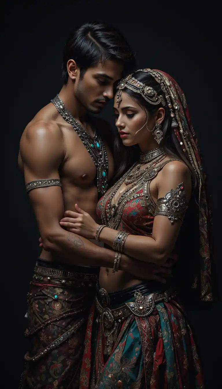 Abrazo íntimo de pareja con joyería cultural ornamentada
