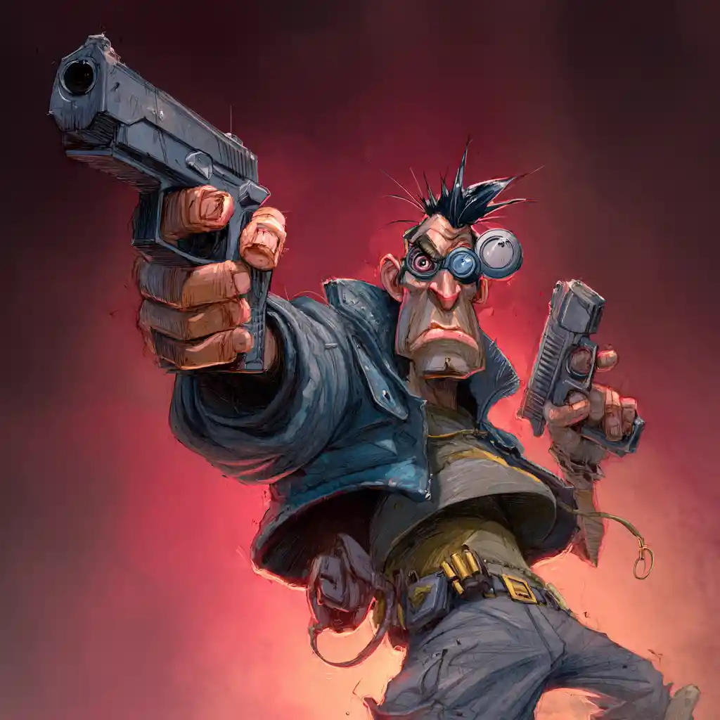 Cyberpunk cyborg aiming a handgun in dynamic 2D style