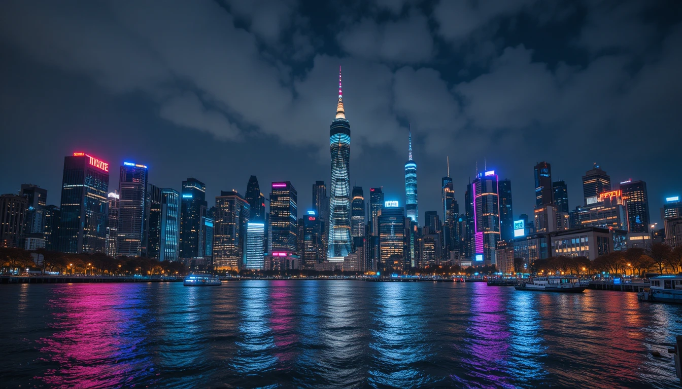 Vibrant night skyline over a riverfront cityscape