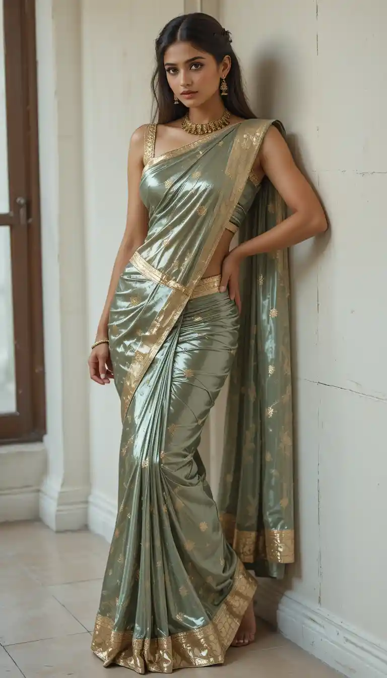 Modern woman in saree posing with bare midriff
