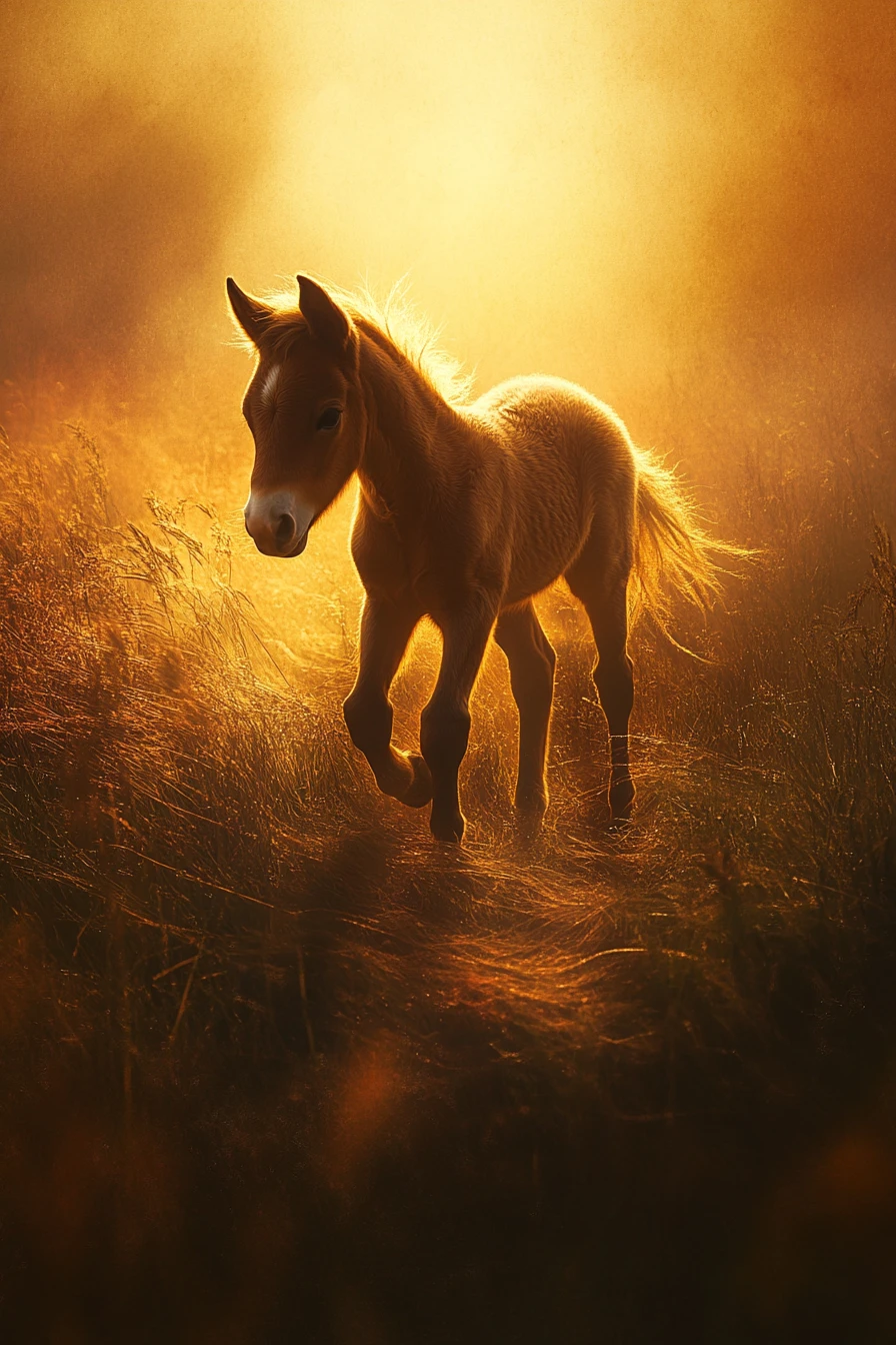 Young horse striding across a layered golden meadow valley