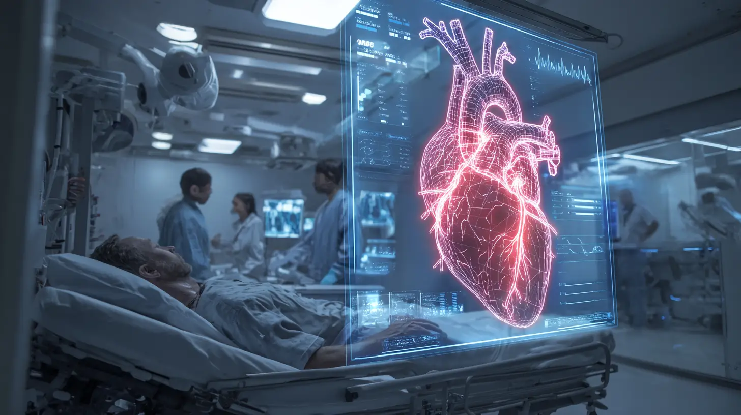 Médicos futuristas estudiando un holograma de corazón brillante en el hospital