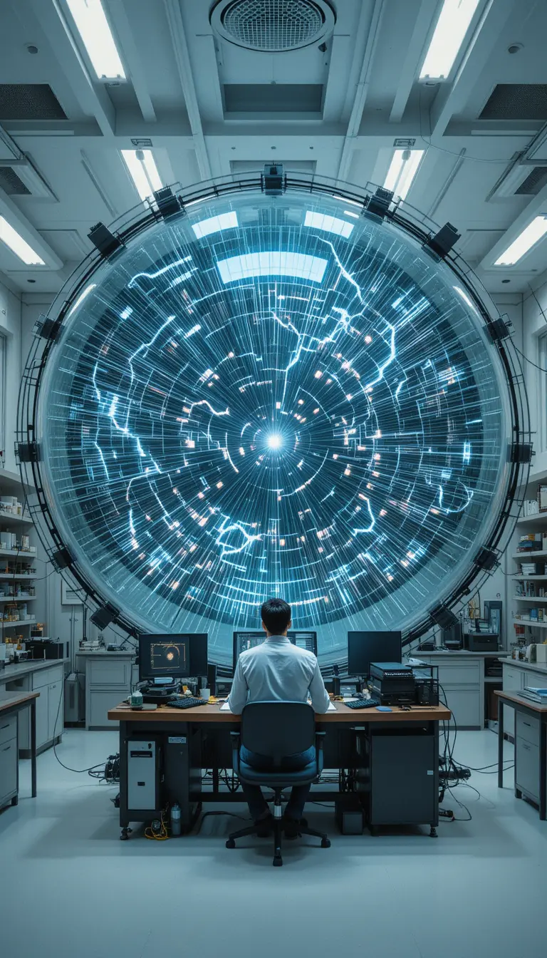 Scienziato che osserva archi elettrici all'interno di una gigantesca sfera di vetro