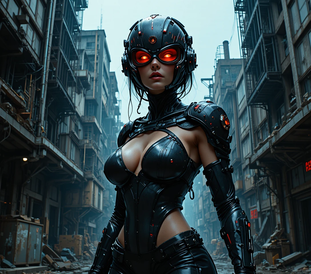 Menacing cyberpunk warrior woman in skeletal helmet