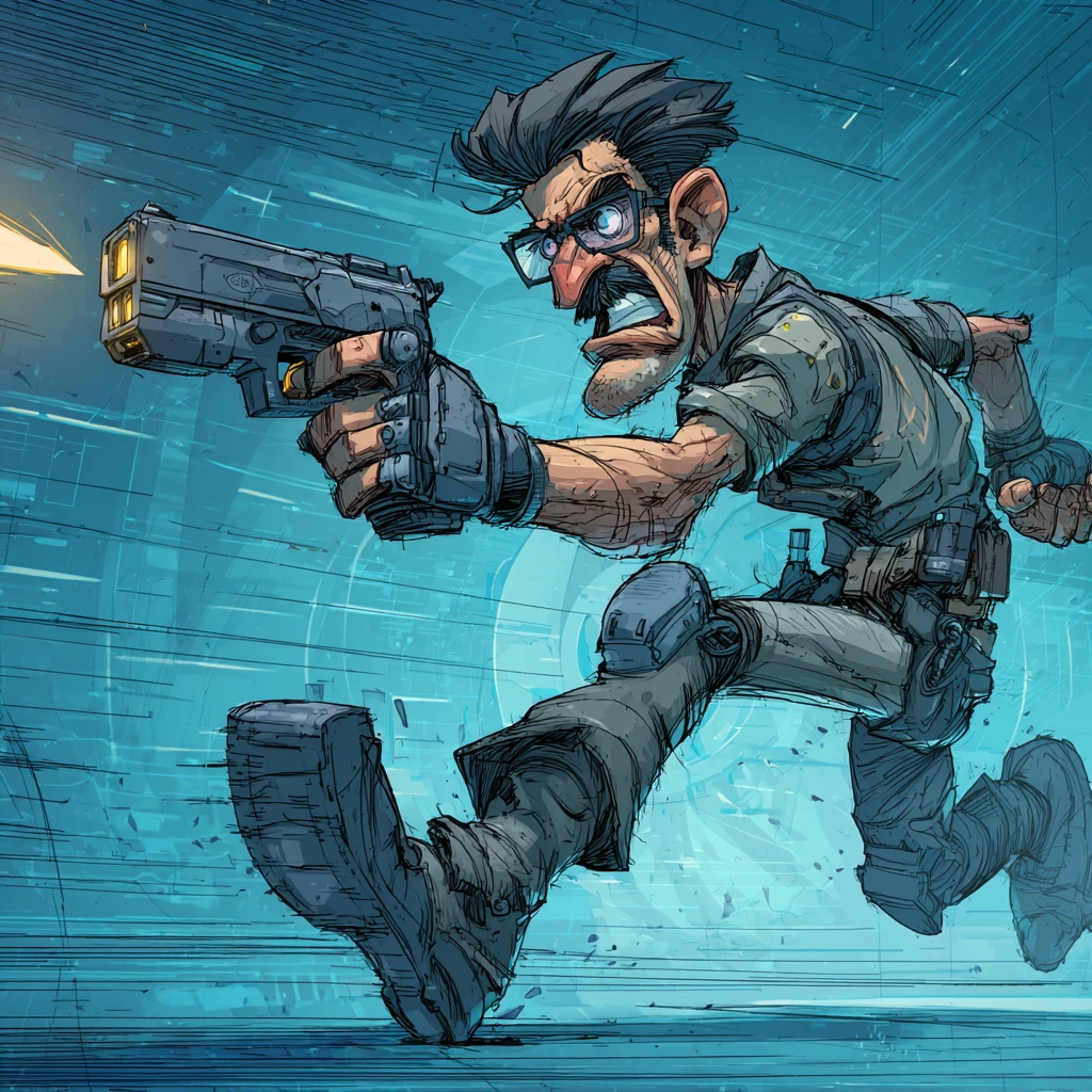 Cyberpunk cyborg aiming a handgun in a dynamic pose
