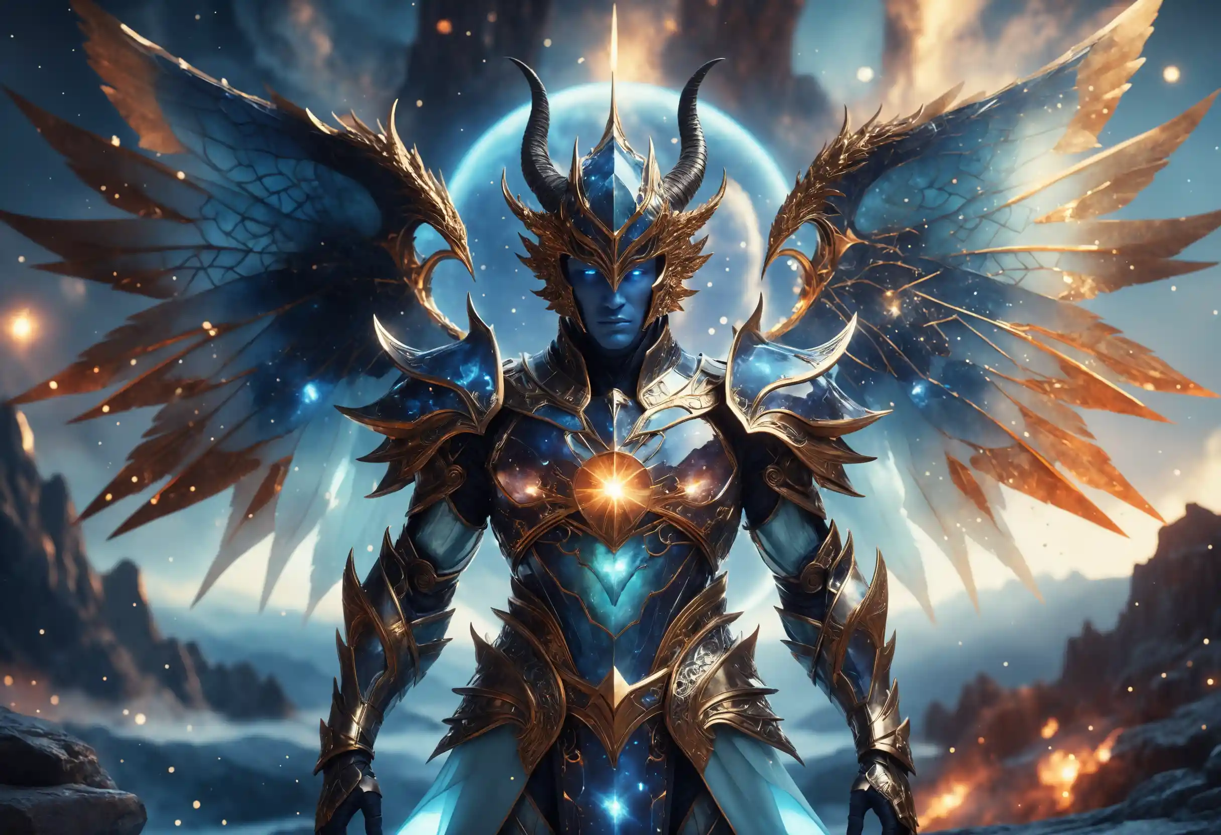 Celestial horned warrior with radiant star core and wings