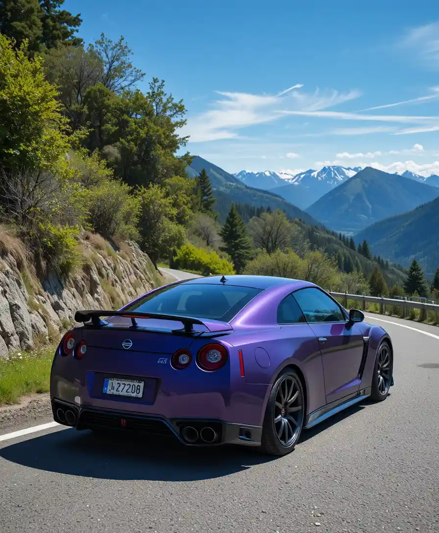 Purple sports car parked on a winding mountain road