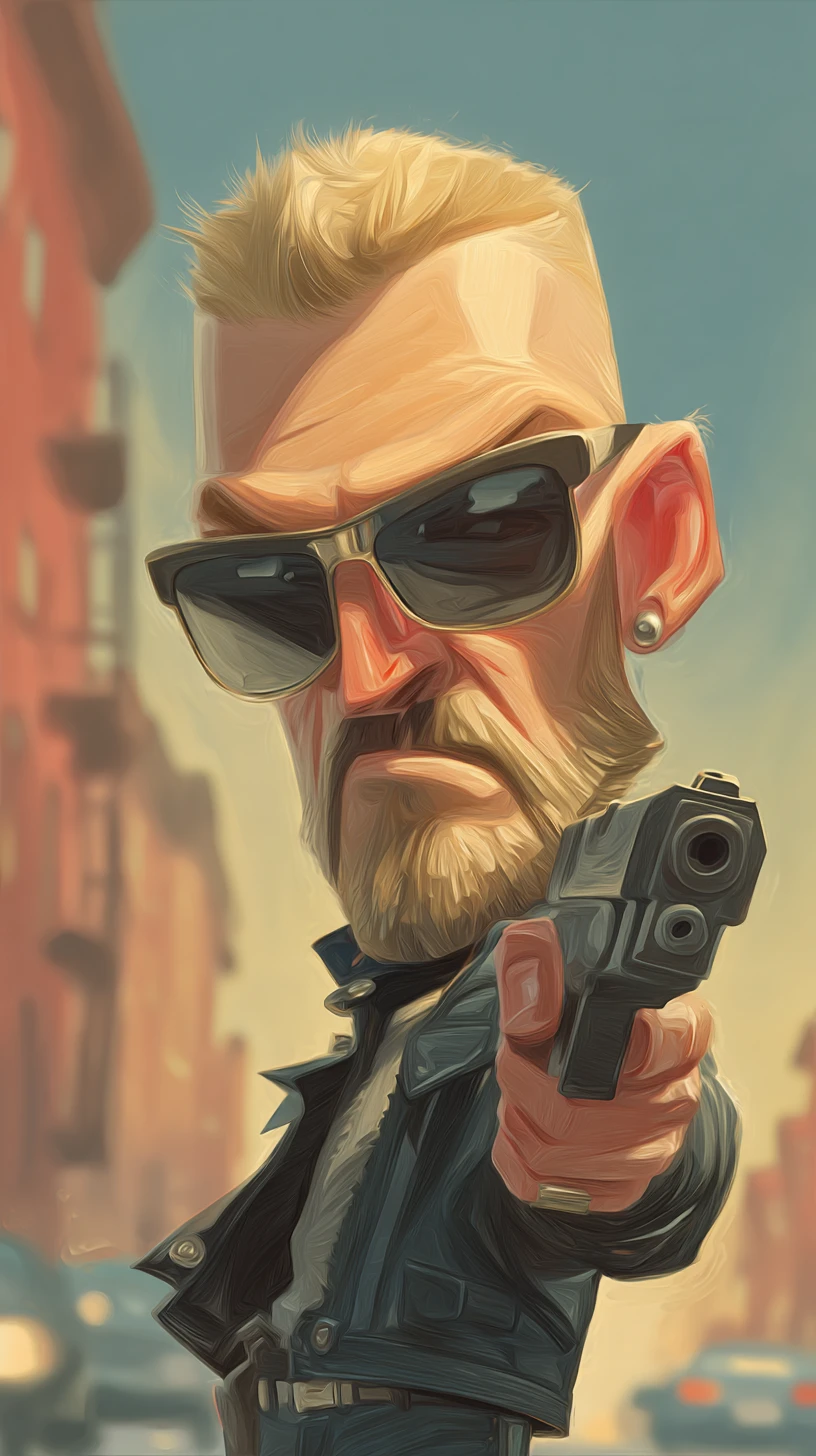 Cyberpunk cyborg aiming a handgun in a 3D city scene