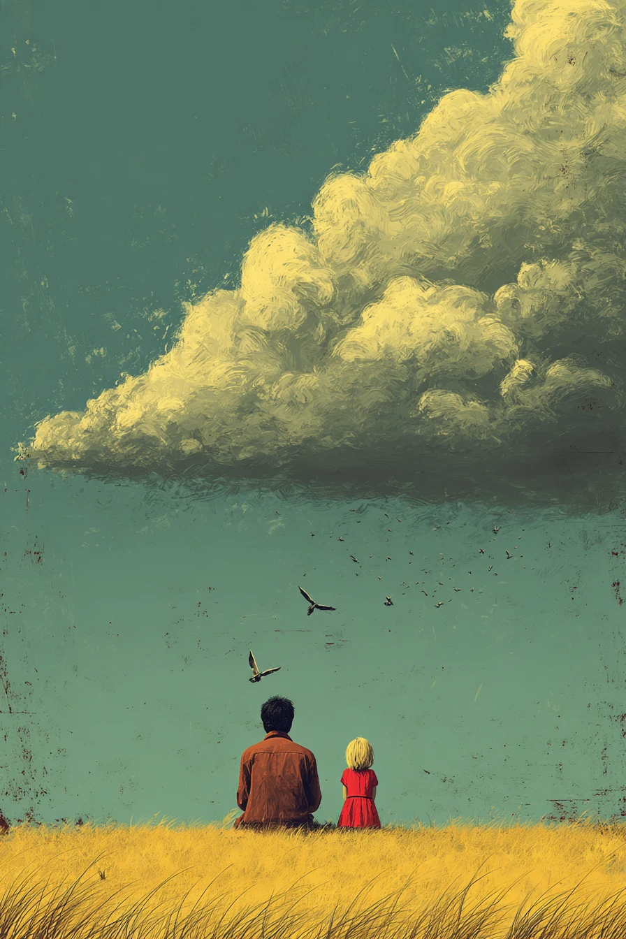 Hombre melancólico sentado en una nube mirando partir a los pájaros