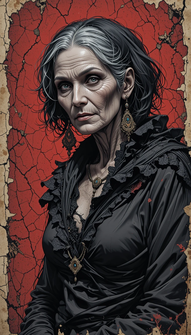 Haggard Old Woman In Tattered Black Shawl On Crimson Wall