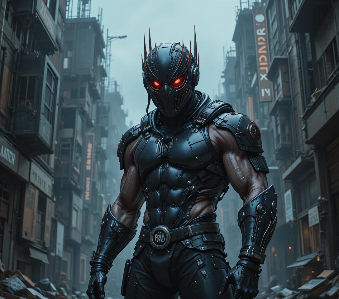 Cyberpunk skeletal warrior in spiked helmet close up portrait