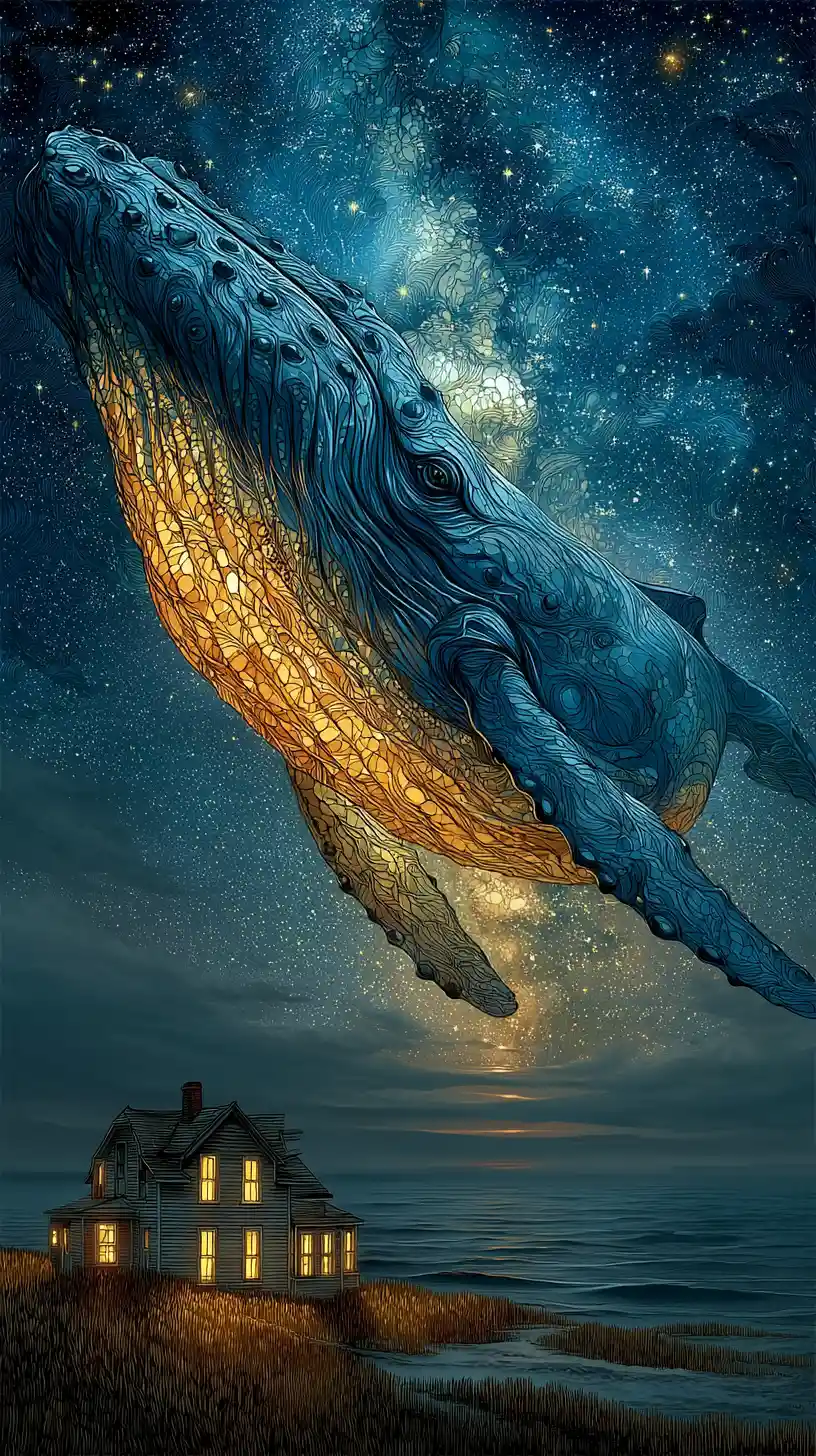 Colossal Blue Whale Floating In A Luminous Night Sky