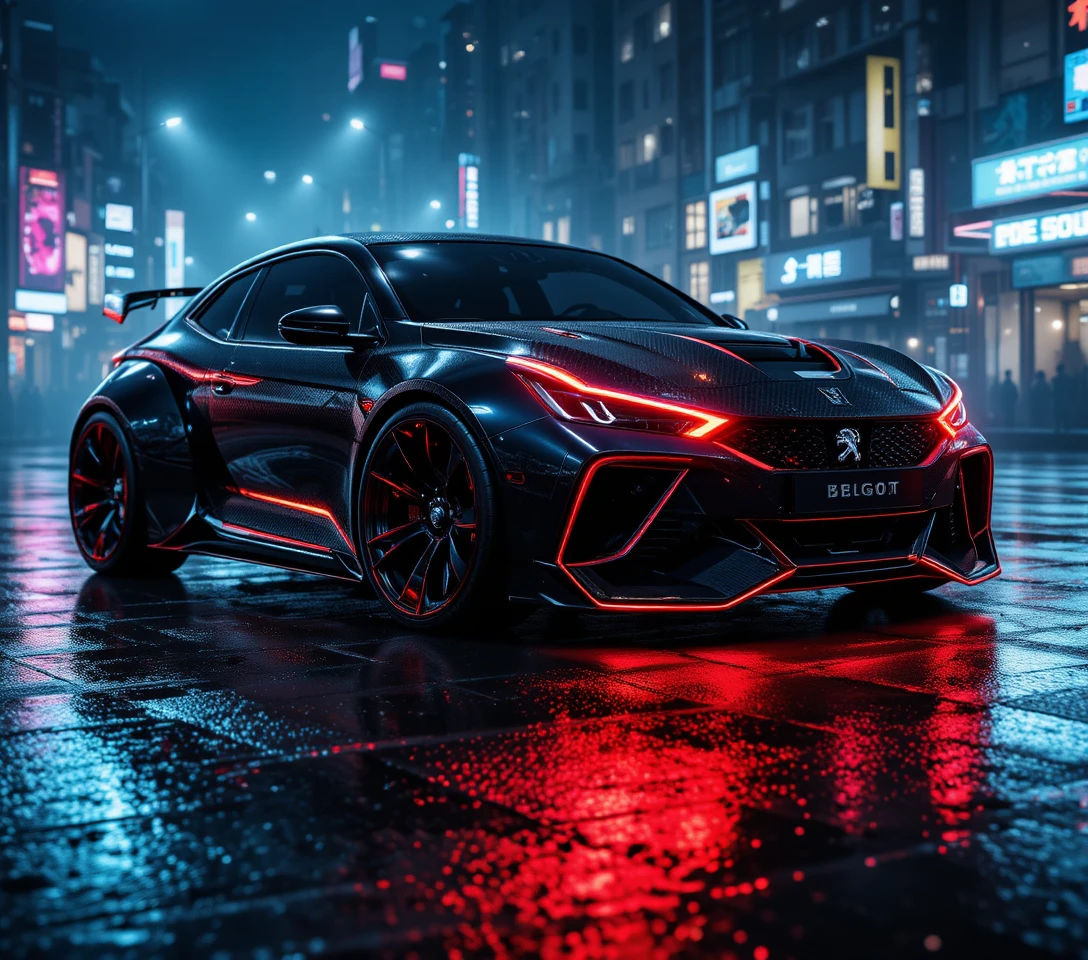 Futuristic Peugeot Sports Car On Neon Lit Night Street