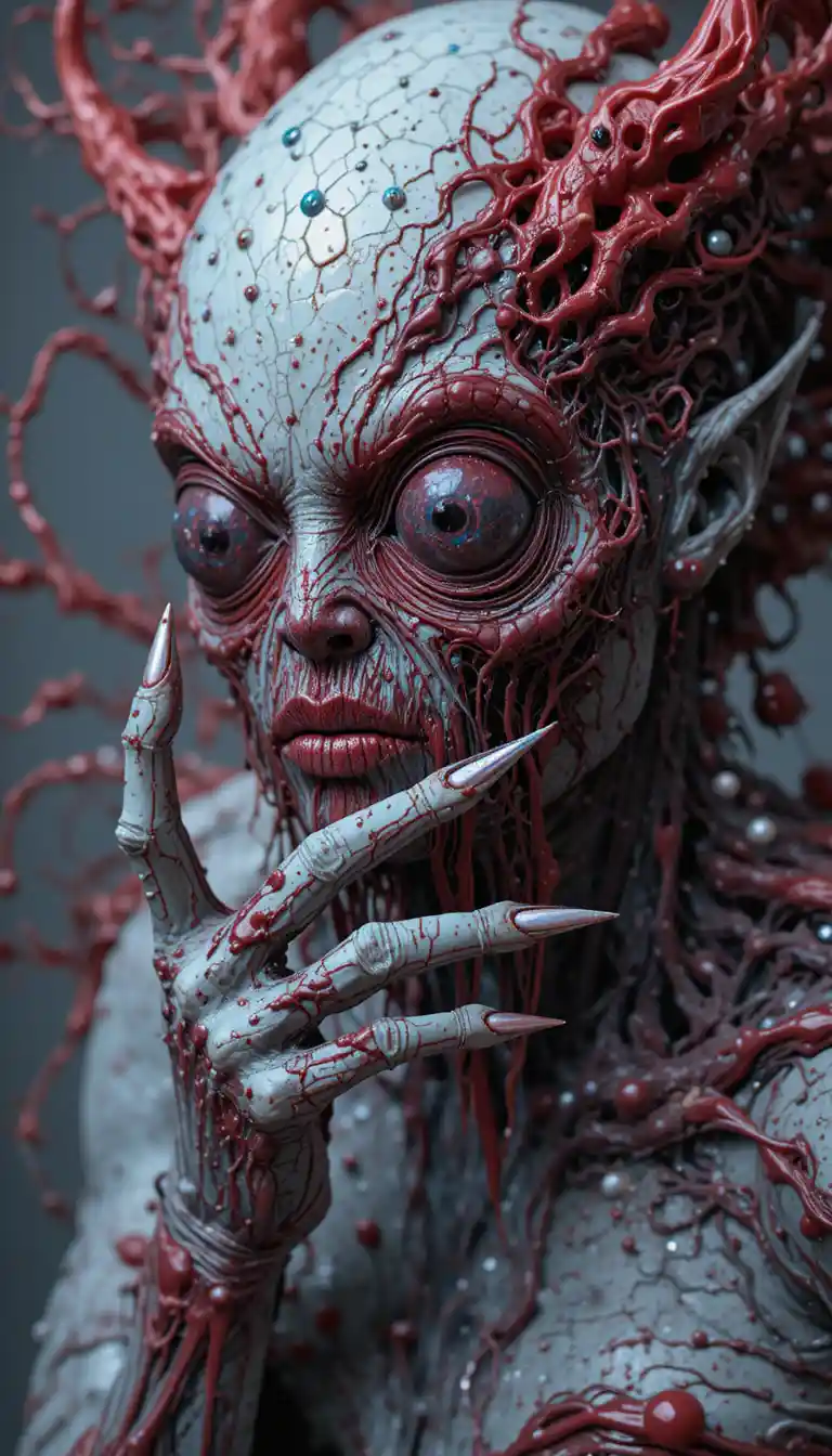 Creepy wax monster with bulging eyes and sharp nails