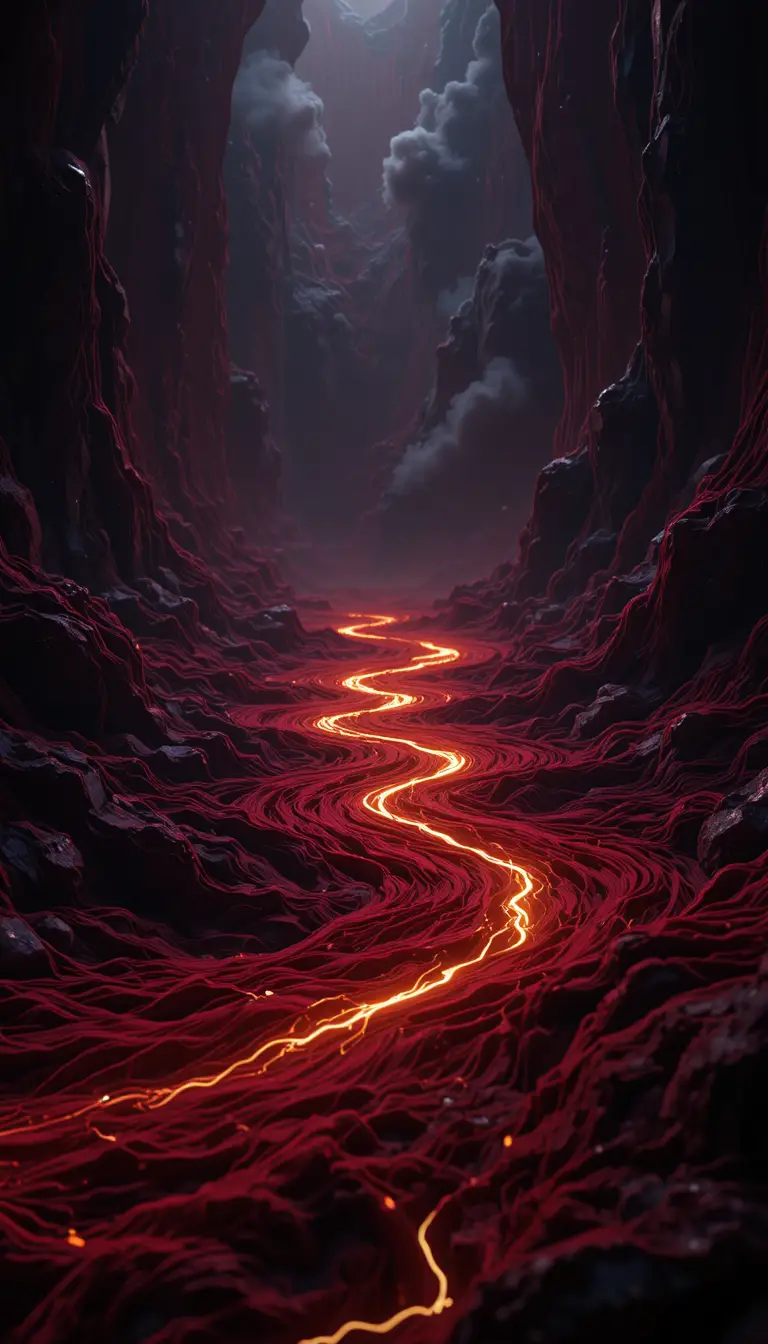 Flowing crimson fabric river glowing with golden energy