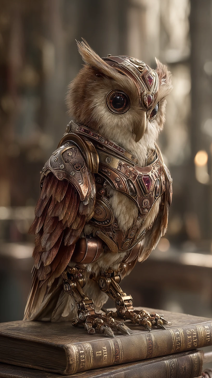 Mechanical owl on leather books in a warm steampunk study