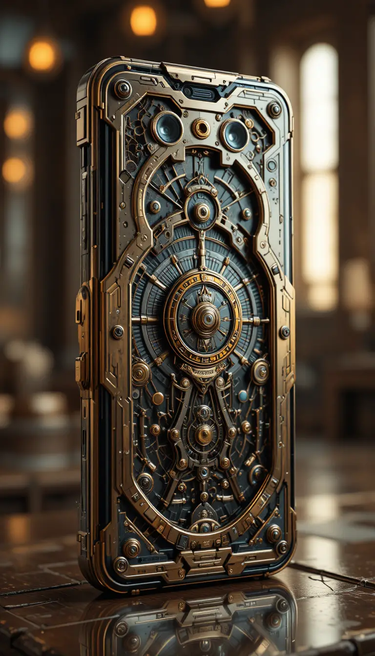 Smartphone steampunk futuristico con dettagli in ottone e grande profondità