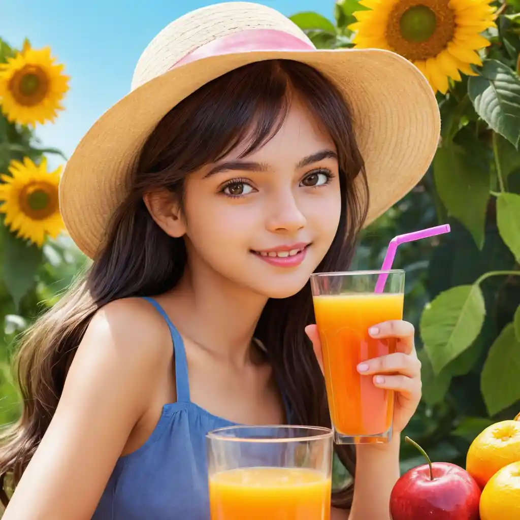 Happy girl enjoying a chilled juice in hot colorful weather