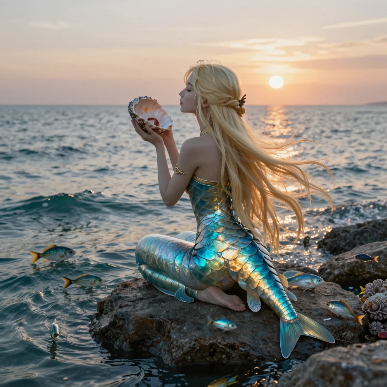 Majestic mermaid singing on a rock at ocean sunset