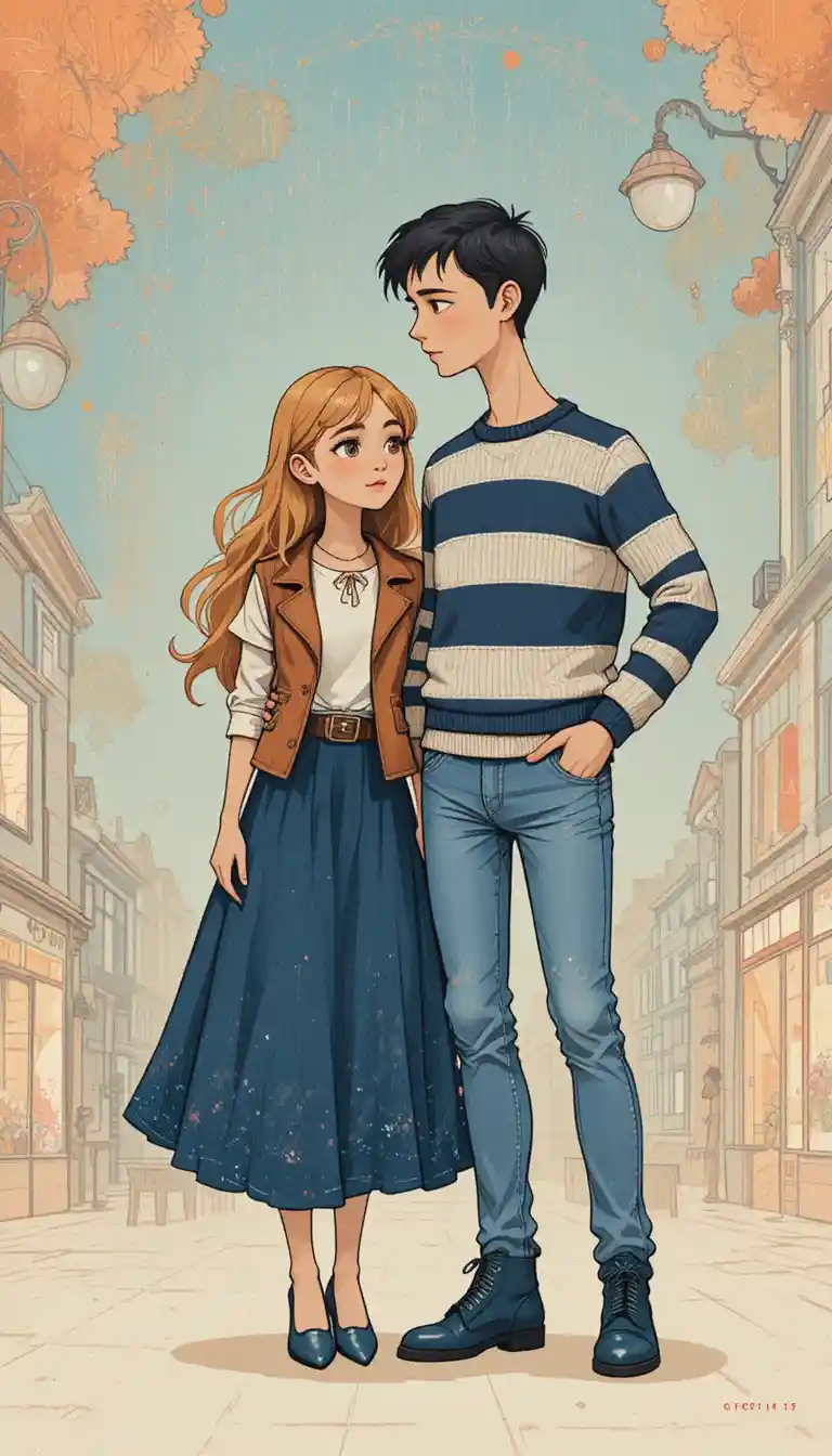 Tall girl and small friend on a whimsical city street