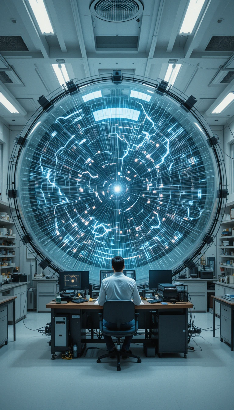 Scientist watching electric arcs inside a giant glass sphere