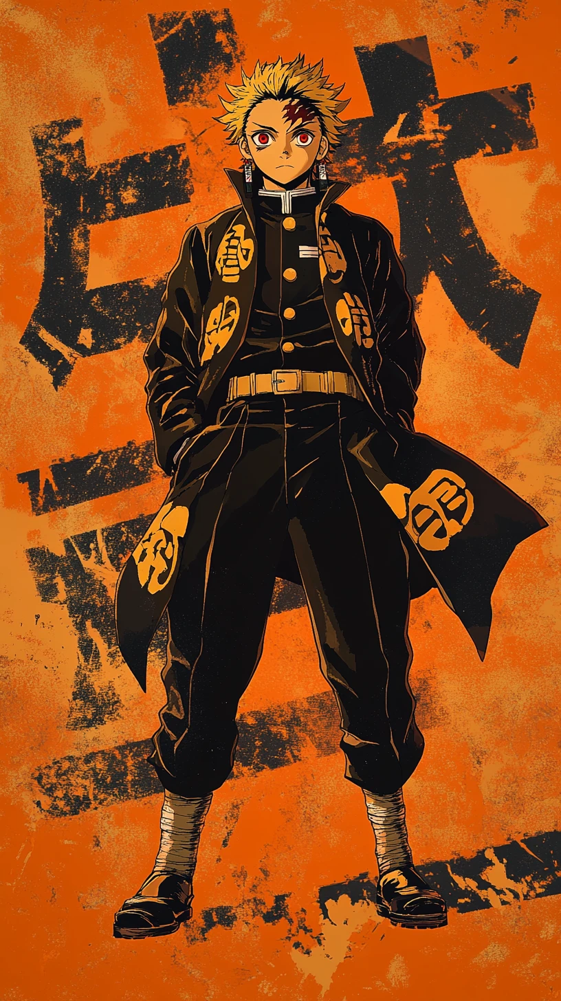Anime man in dark coat before bold orange kanji background