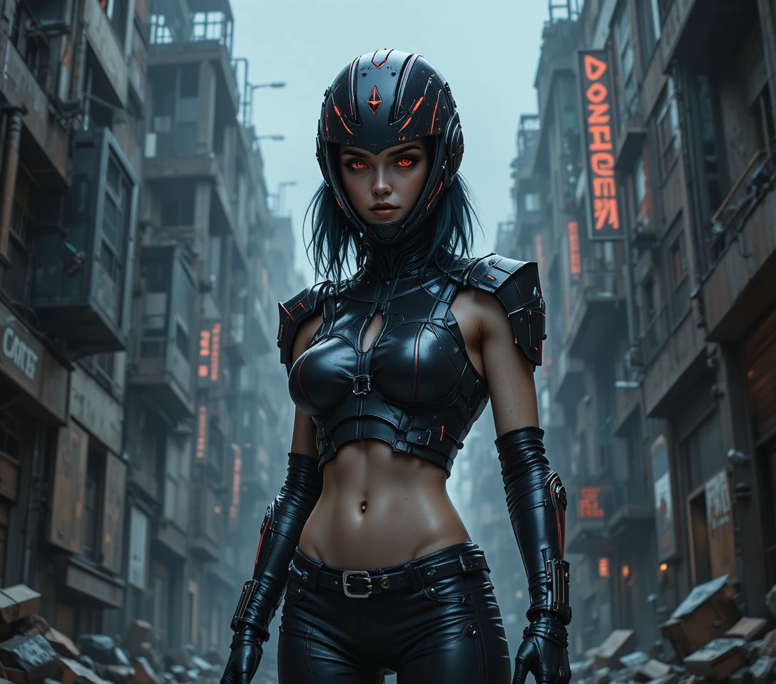 Guerriera cyberpunk minacciosa con elmo chiodato in primo piano