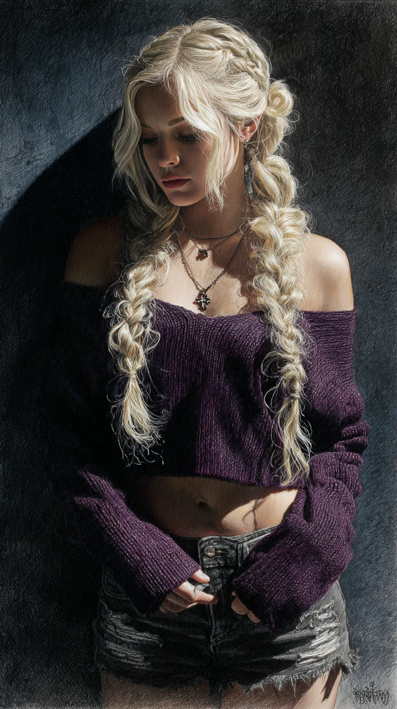 Moody portrait of a braided blonde woman in knit sweater