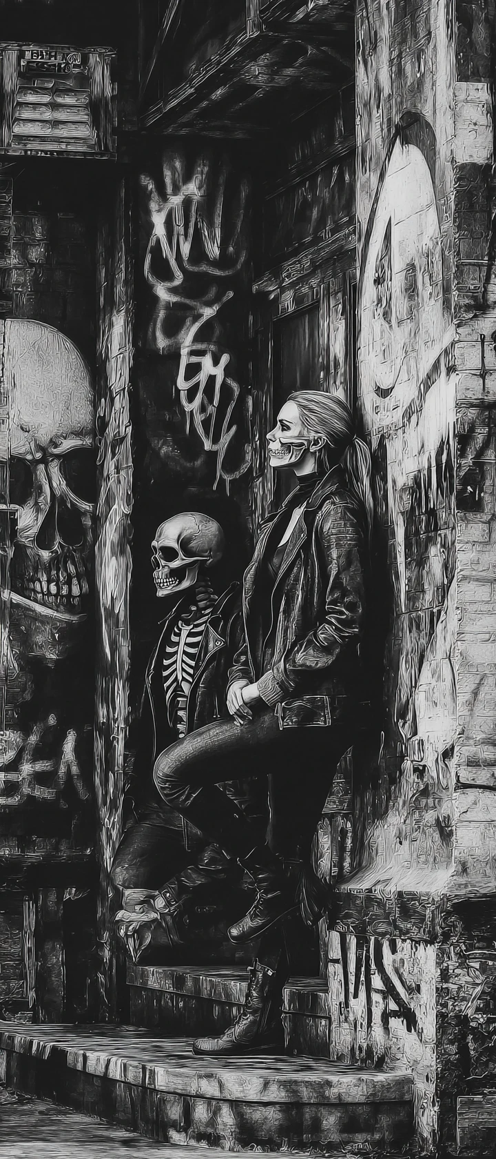 Gaunt couple in a decaying urban street scene