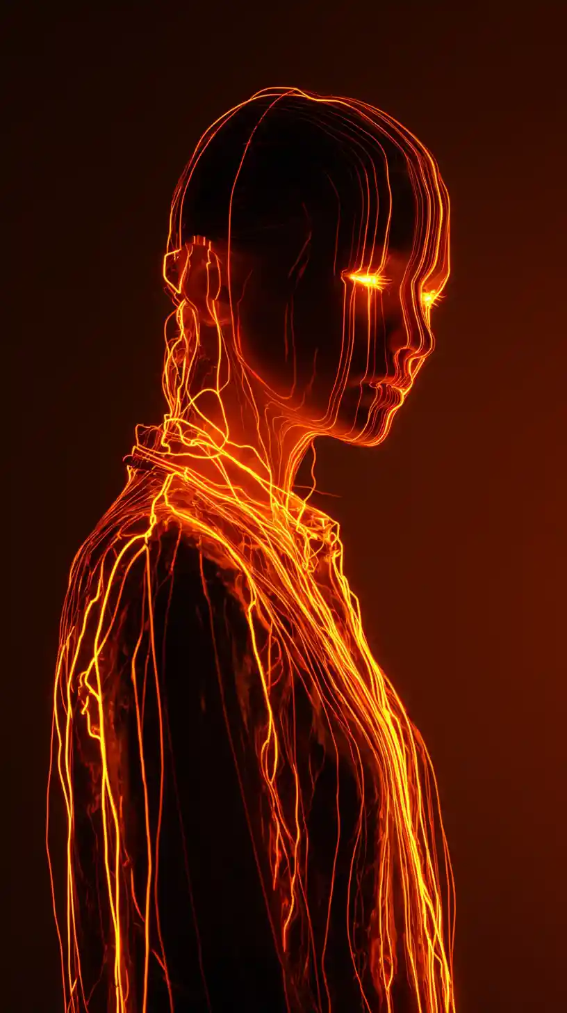 Neon orange anime woman dissolving into abstract darkness