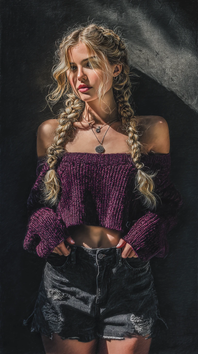 Retrato sóbrio de mulher loira com tranças em suéter roxo