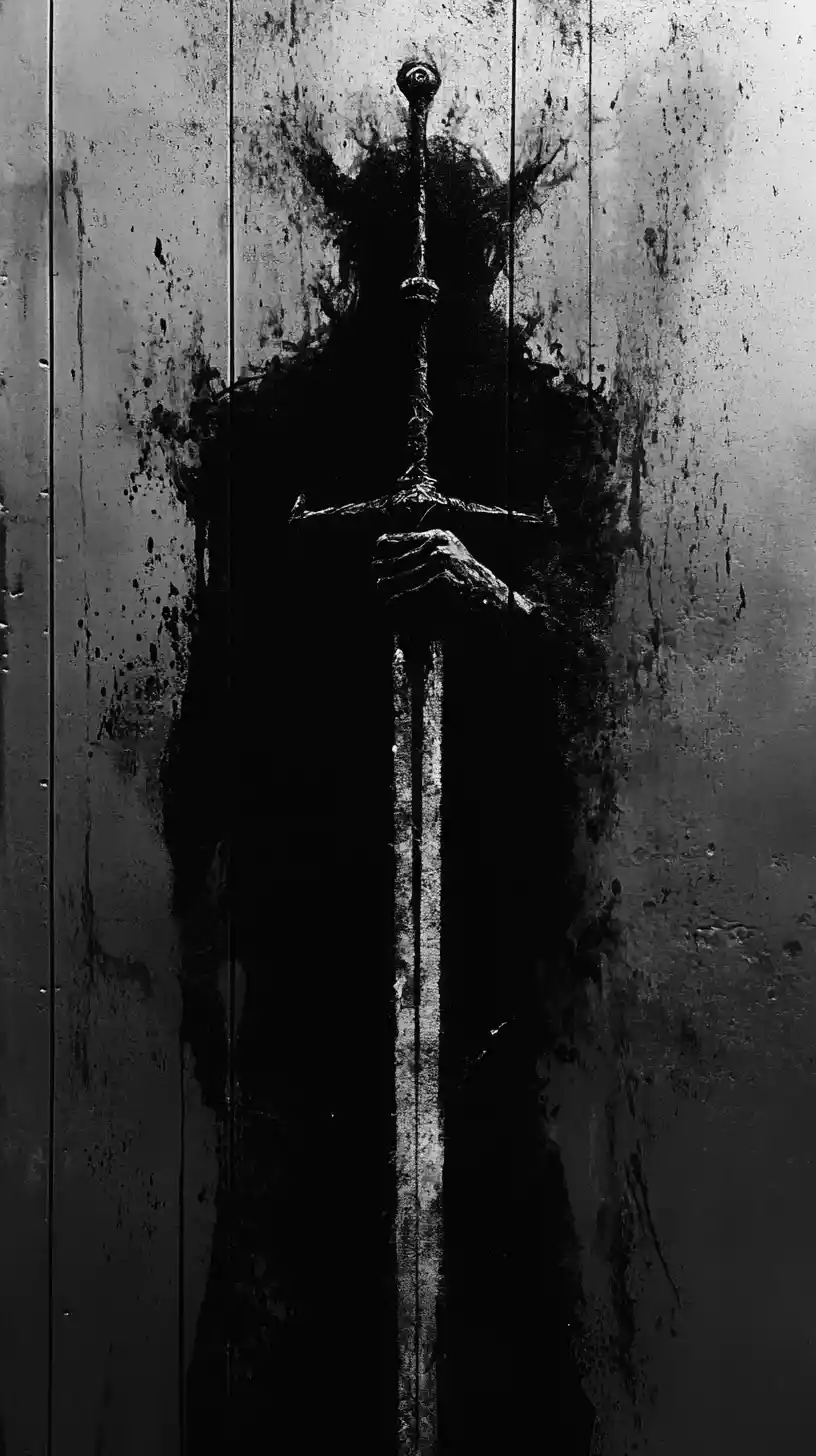 Masked figure using a sword to break through door