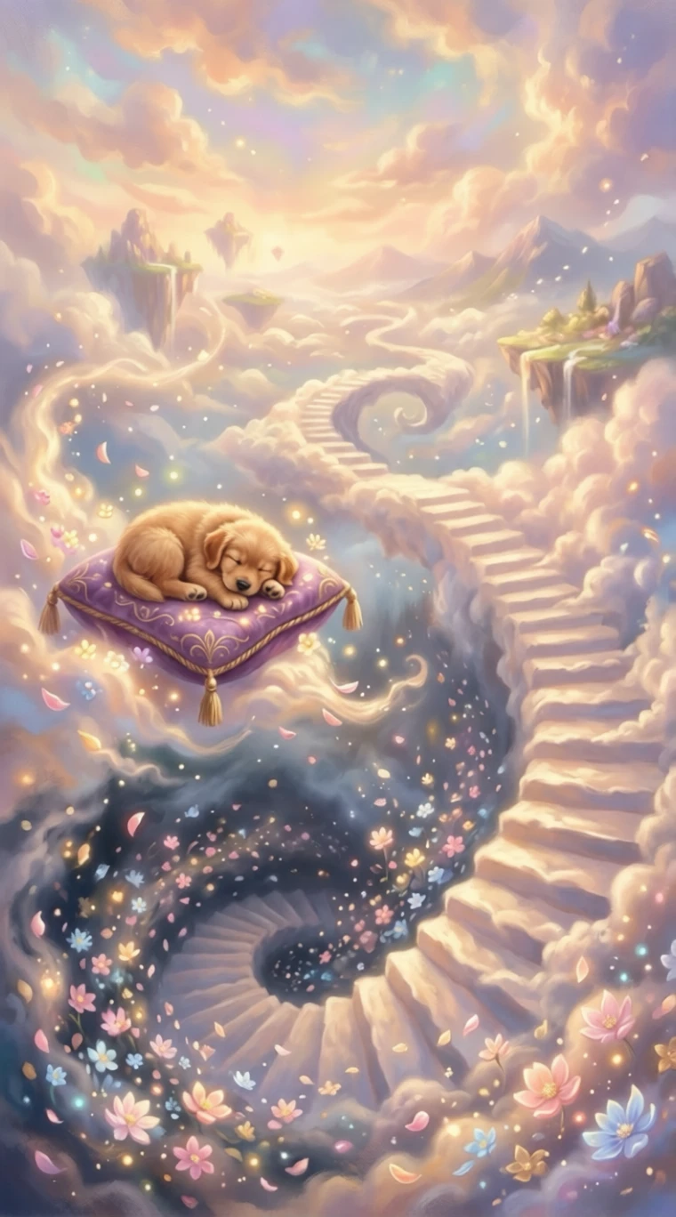 Surreal cloud staircases descending into a floral abyss
