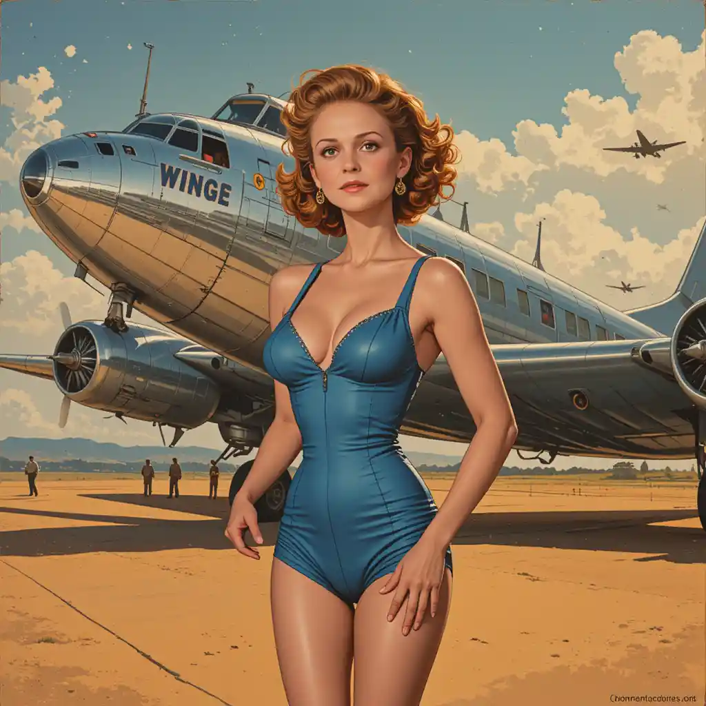 Vintage pin up storyboard with silver airplane on airfield