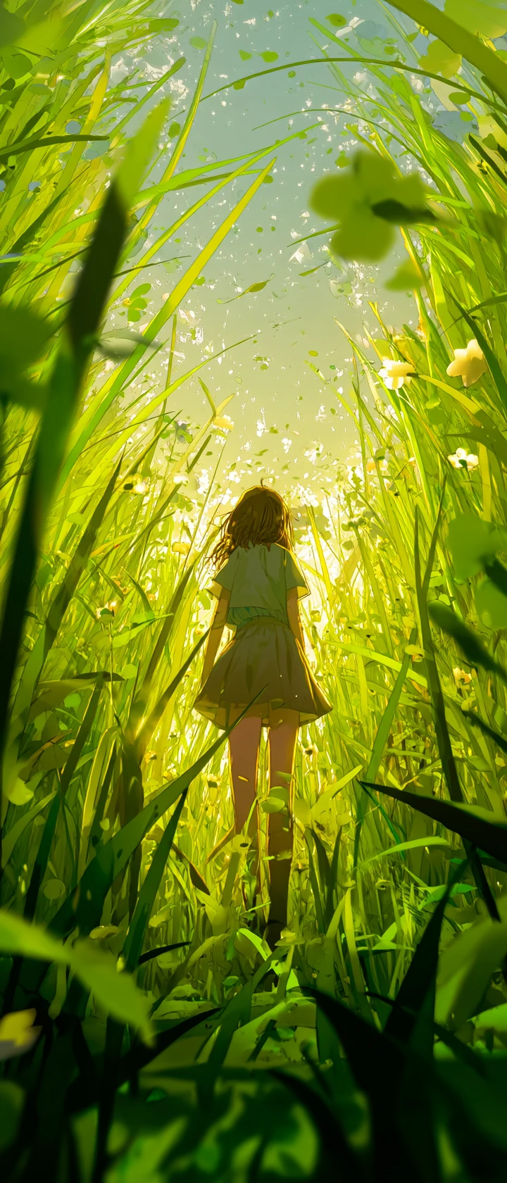 Anime girl walking alone through a sunlit watching meadow