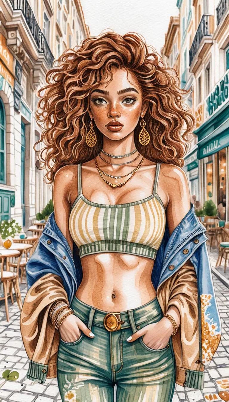 Ilustração de mulher estilosa em rua ensolarada de Paris