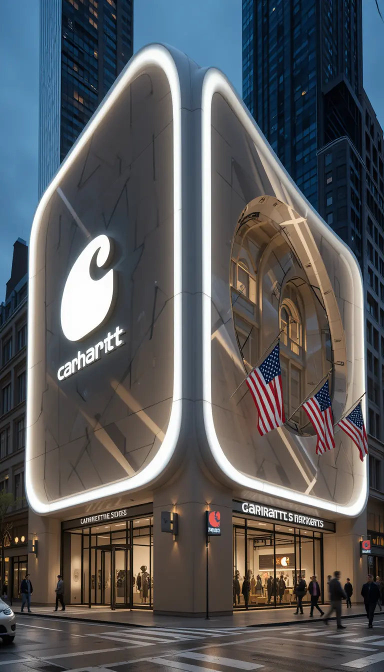 Futuristic beige flagship building with illuminated facade