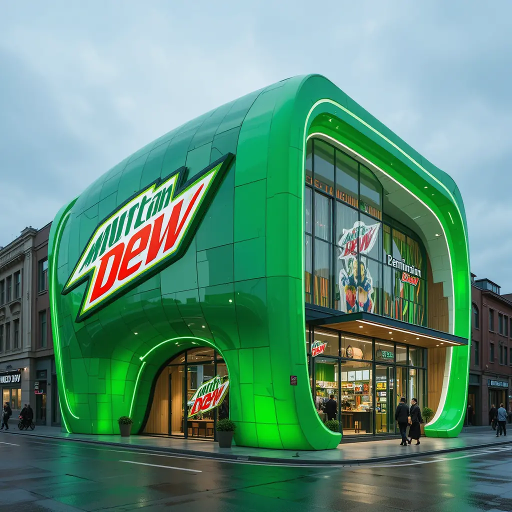 Futuristischer grüner Flagship-Store, der in moderner Architektur erstrahlt