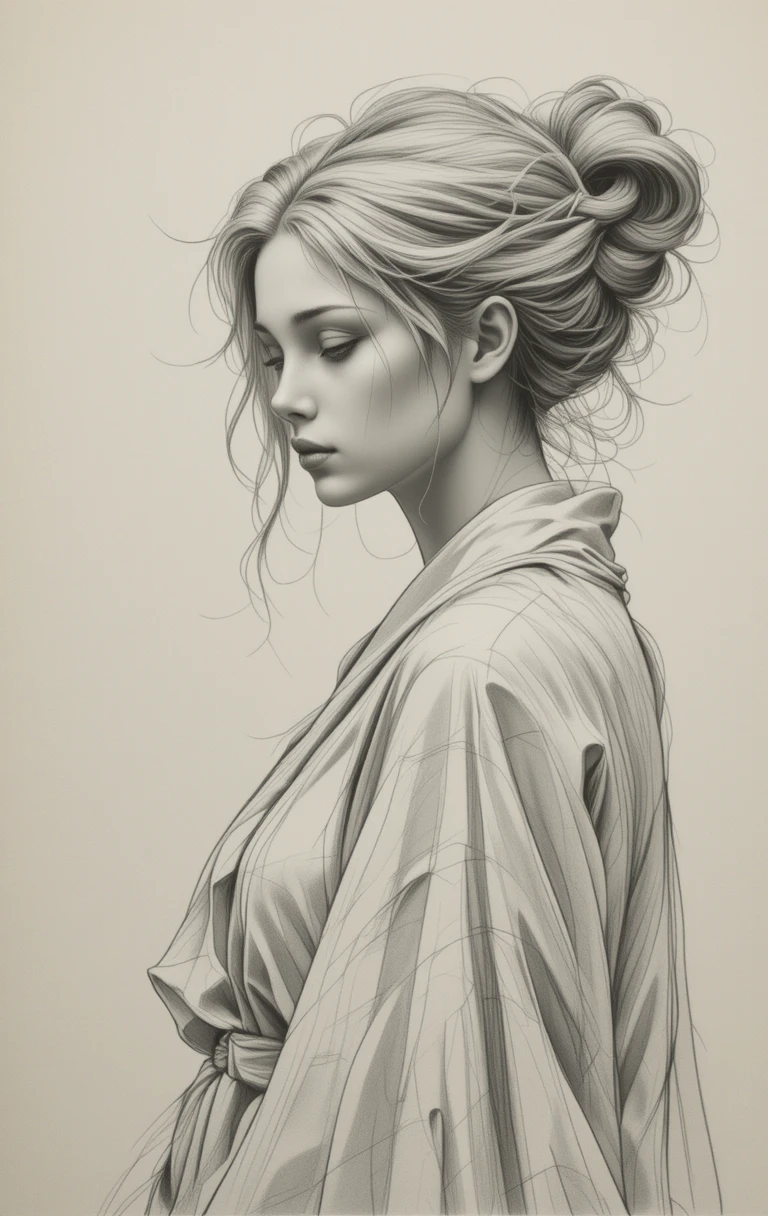 Melancholic pencil portrait of a young woman in profile