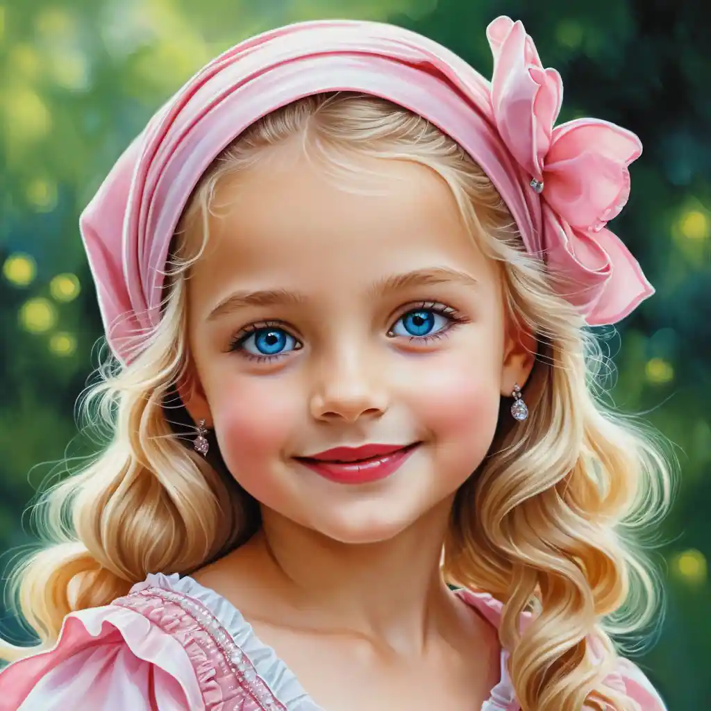 Smiling blonde girl in pink ruffled dress illustration