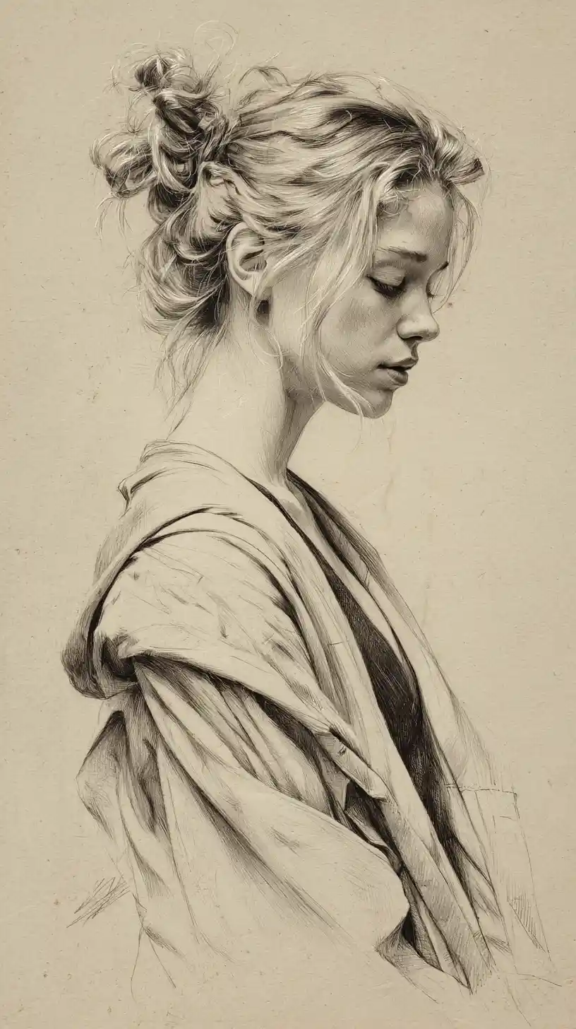 Side profile pencil portrait of a contemplative young woman