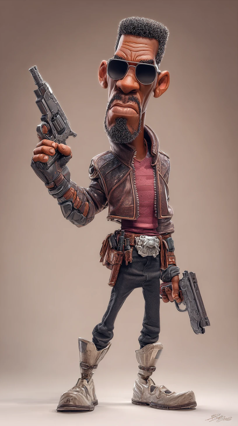 Cyberpunk cyborg hero aiming a handgun in dynamic pose