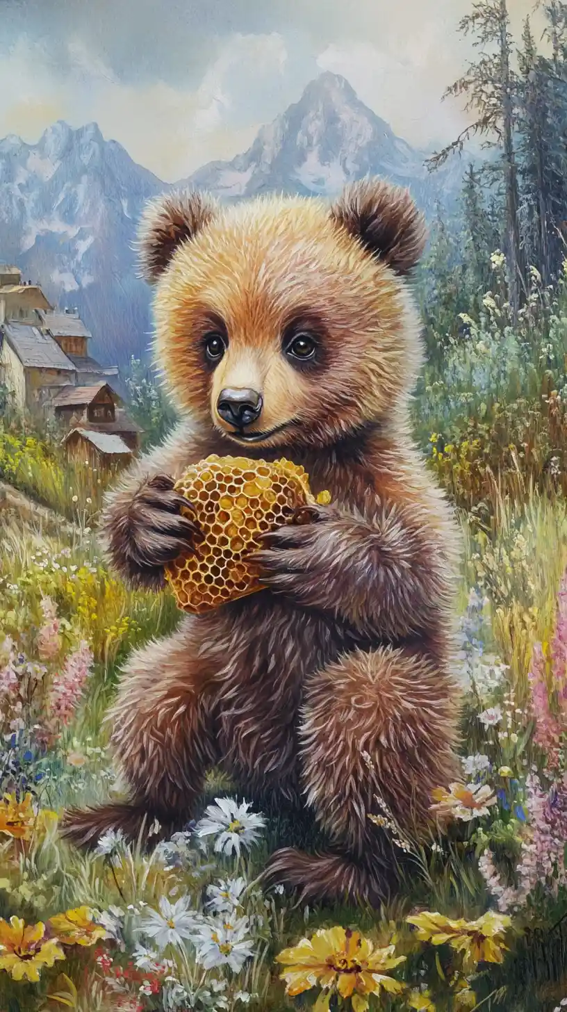 Lächelnder brauner Bär mit Honigwabe auf sonniger Wiese