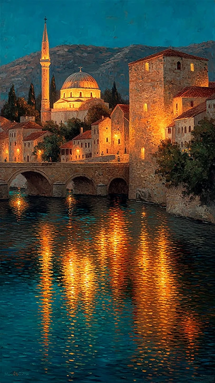 Golden hour view of Trebinje old town and river